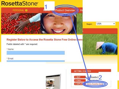 Ilustração do processo para ver a demonstração de Rosetta Stone, selecione 'Product Overview' e depois 'Demo Rosetta Stone