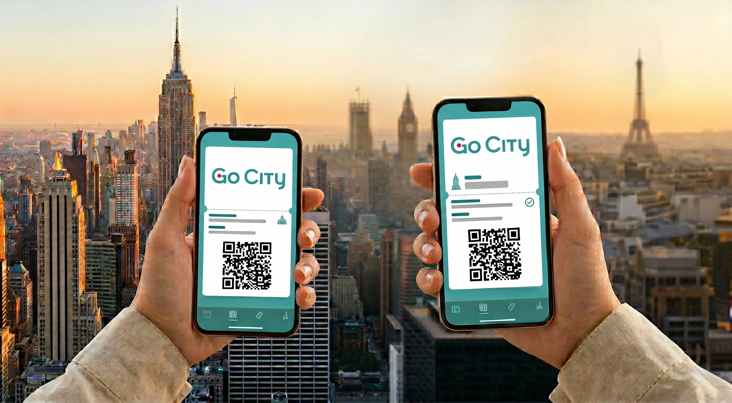 Two smartphones showing Go City digital pass screens with QR codes against a skyline featuring New York, London, and Paris landmarks