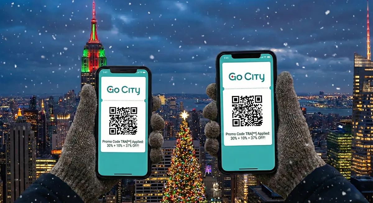 Two smartphones showing Go City App with 37% discount code applied against NYC Christmas skyline